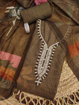 coffee brown floral print linen cotton unstitched dress material  1
