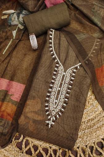 coffee brown floral print linen cotton unstitched dress material 