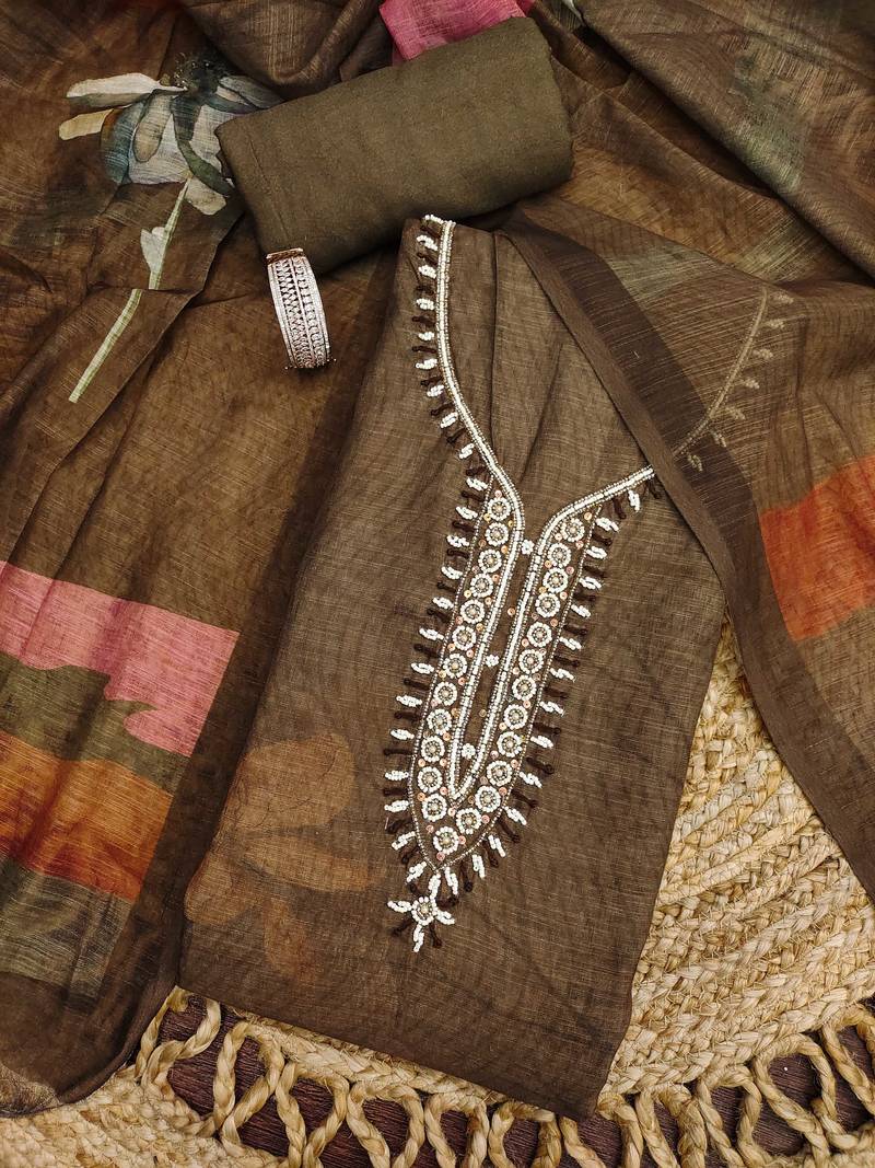 coffee brown floral print linen cotton unstitched dress material 