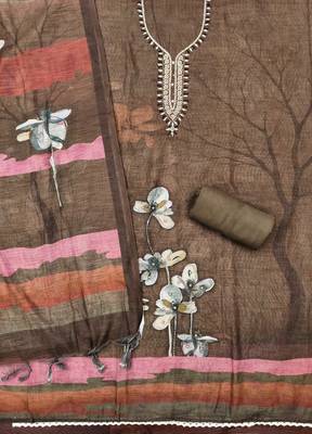 coffee brown floral print linen cotton unstitched dress material  2