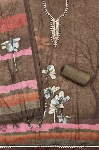 coffee brown floral print linen cotton unstitched dress material 