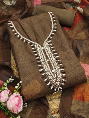 coffee brown floral print linen cotton unstitched dress material  3
