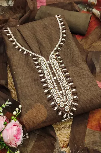 coffee brown floral print linen cotton unstitched dress material 