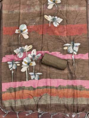 coffee brown floral print linen cotton unstitched dress material  4
