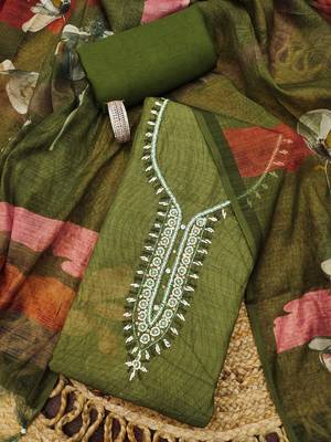 olive green floral print linen cotton unstitched dress material  1