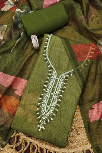 olive green floral print linen cotton unstitched dress material 