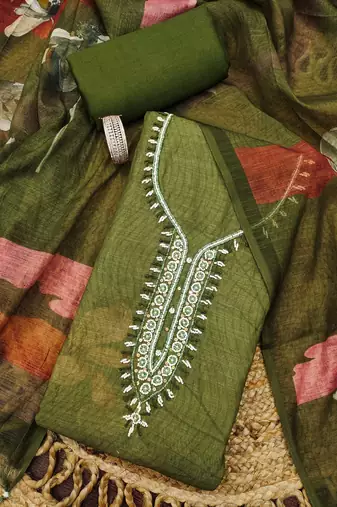 olive green floral print linen cotton unstitched dress material 