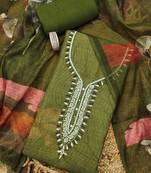 olive green floral print linen cotton unstitched dress material 