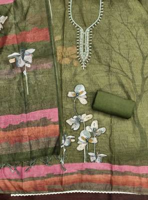olive green floral print linen cotton unstitched dress material  2