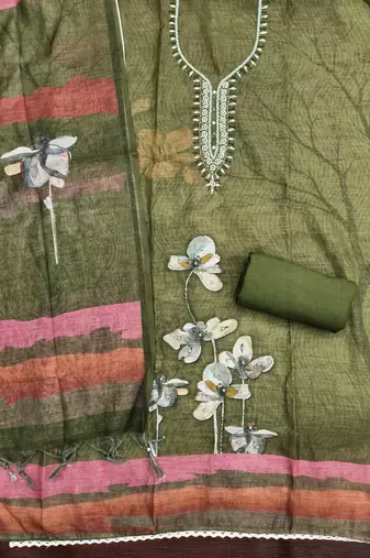 olive green floral print linen cotton unstitched dress material 