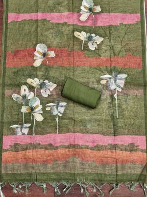 olive green floral print linen cotton unstitched dress material  4