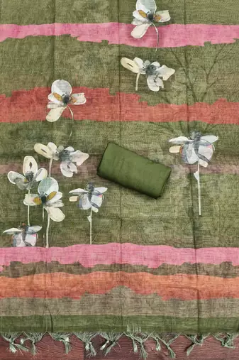 olive green floral print linen cotton unstitched dress material 