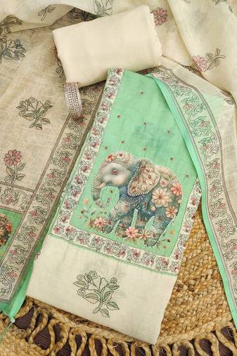 mint green digital print linen cotton unstitched dress material 
