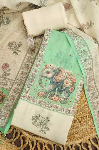 mint green digital print linen cotton unstitched dress material 