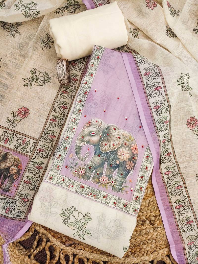 lavender digital print linen cotton unstitched dress material 