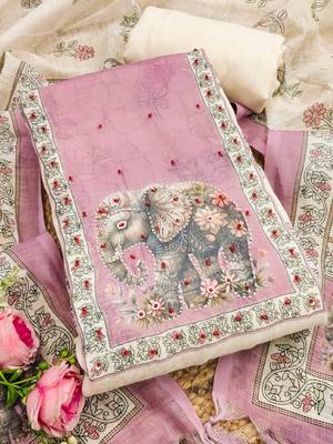 pink digital print linen cotton unstitched dress material  3