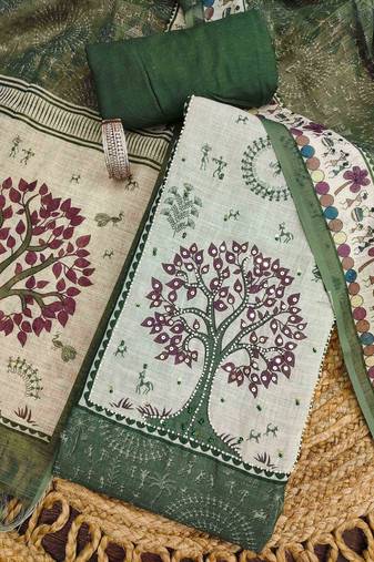 green digital print linen cotton unstitched dress material 
