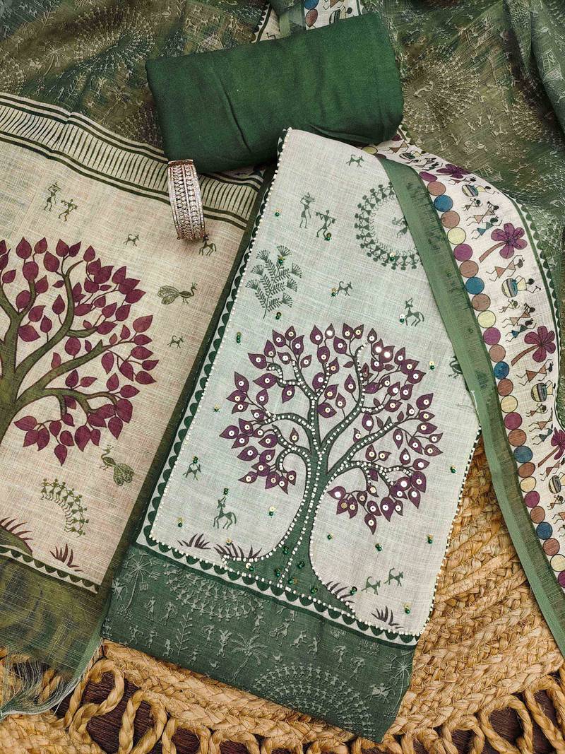 green digital print linen cotton unstitched dress material 