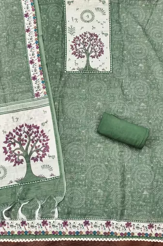 green digital print linen cotton unstitched dress material 
