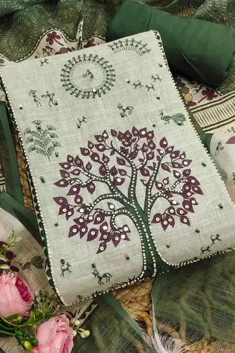green digital print linen cotton unstitched dress material 