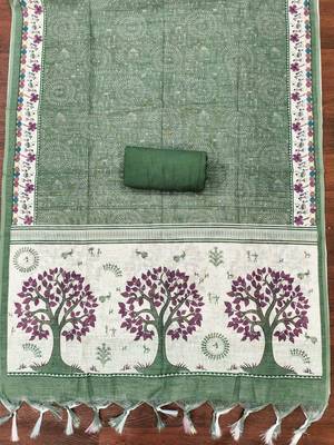 green digital print linen cotton unstitched dress material  4