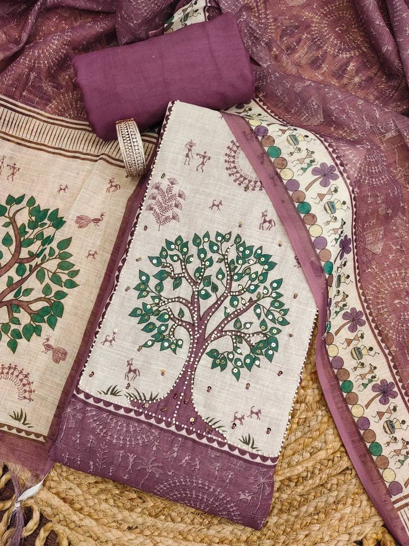 pink digital print linen cotton unstitched dress material 