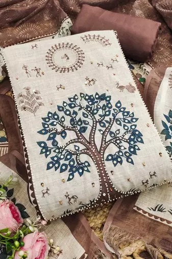 brown digital print linen cotton unstitched dress material 
