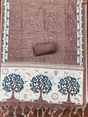 brown digital print linen cotton unstitched dress material  4