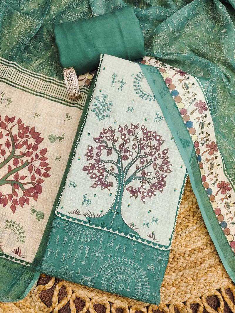 sea green digital print linen cotton unstitched dress material 