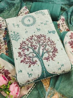sea green digital print linen cotton unstitched dress material  3