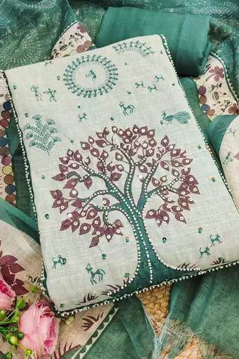 sea green digital print linen cotton unstitched dress material 