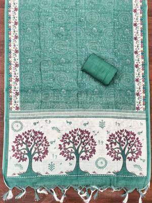 sea green digital print linen cotton unstitched dress material  4