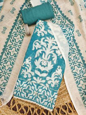 aqua teal applique linen cotton unstitched dress material  1
