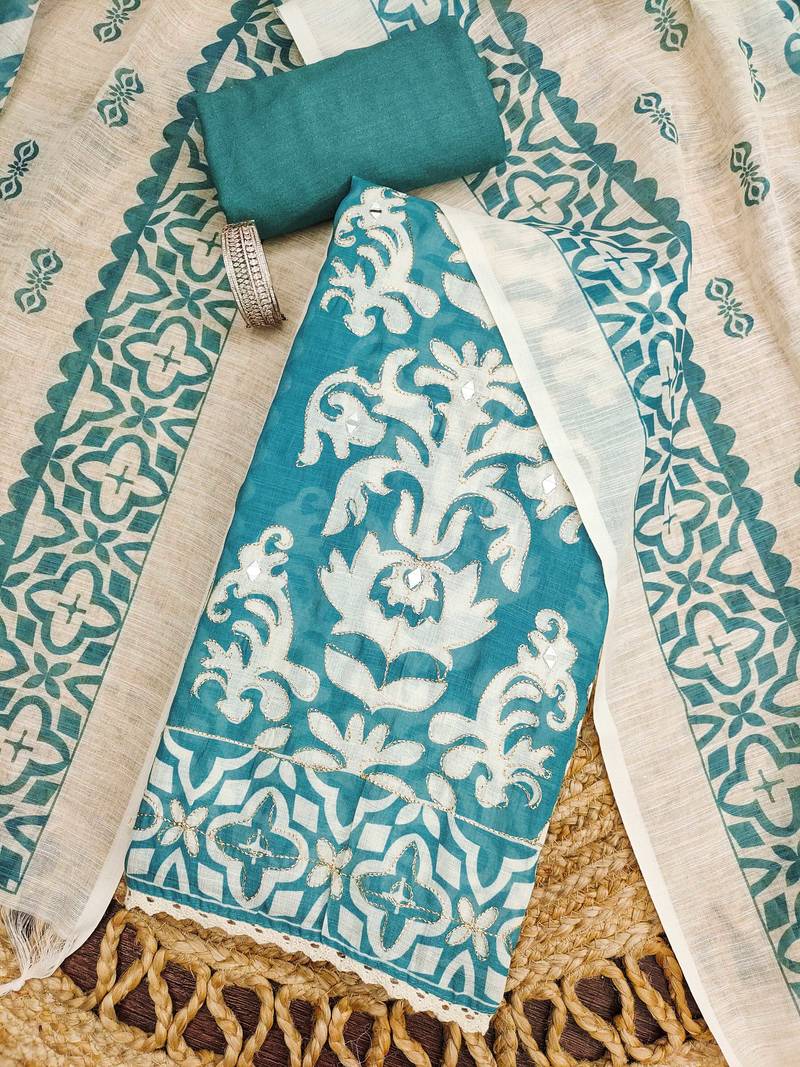aqua teal applique linen cotton unstitched dress material 