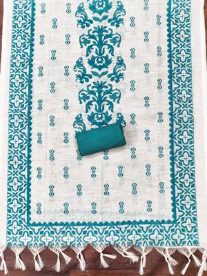 aqua teal applique linen cotton unstitched dress material  4