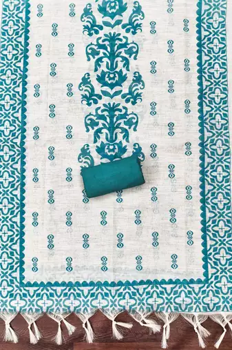 aqua teal applique linen cotton unstitched dress material 