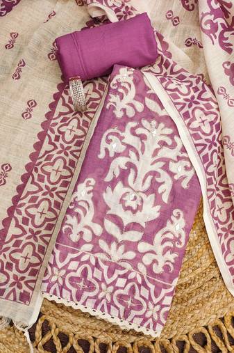 rani pink applique linen cotton unstitched dress material 