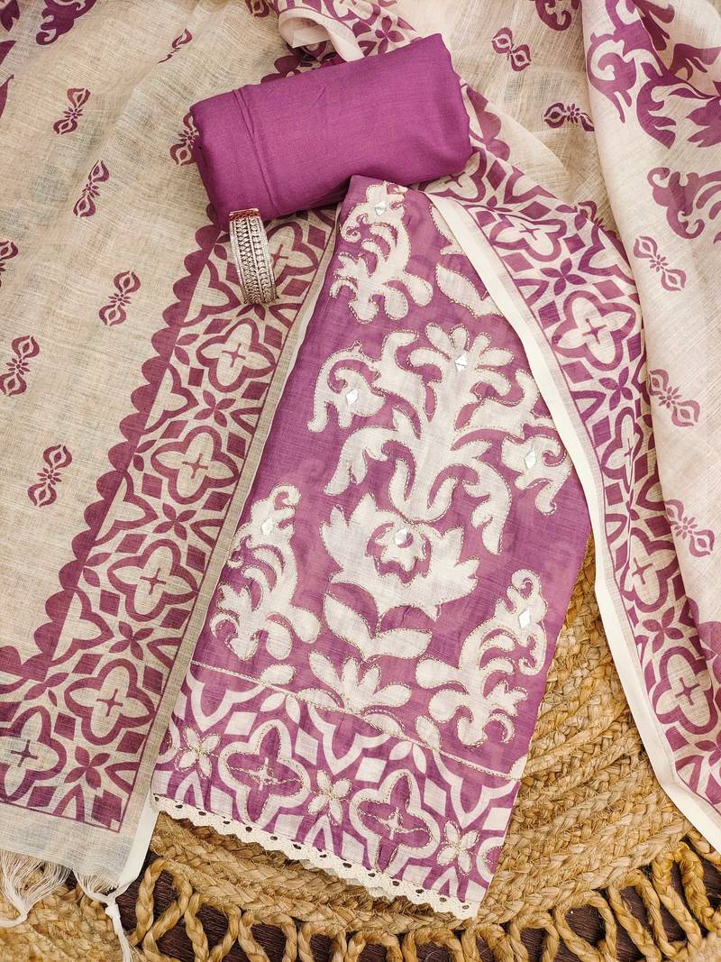 rani pink applique linen cotton unstitched dress material 