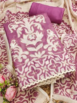 rani pink applique linen cotton unstitched dress material  3