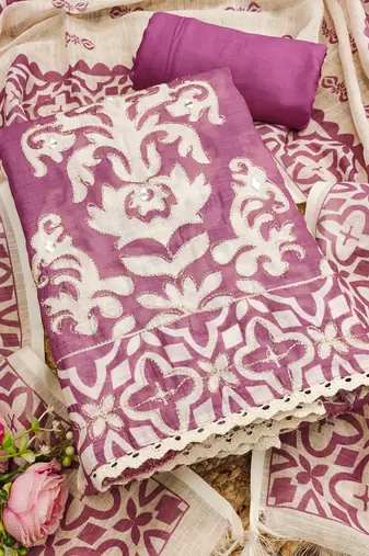 rani pink applique linen cotton unstitched dress material 