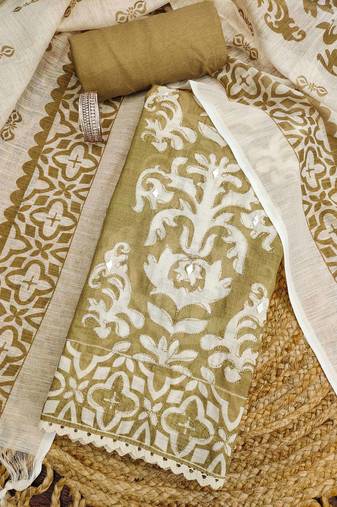 olive green applique linen cotton unstitched dress material 