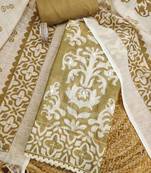 olive green applique linen cotton unstitched dress material 