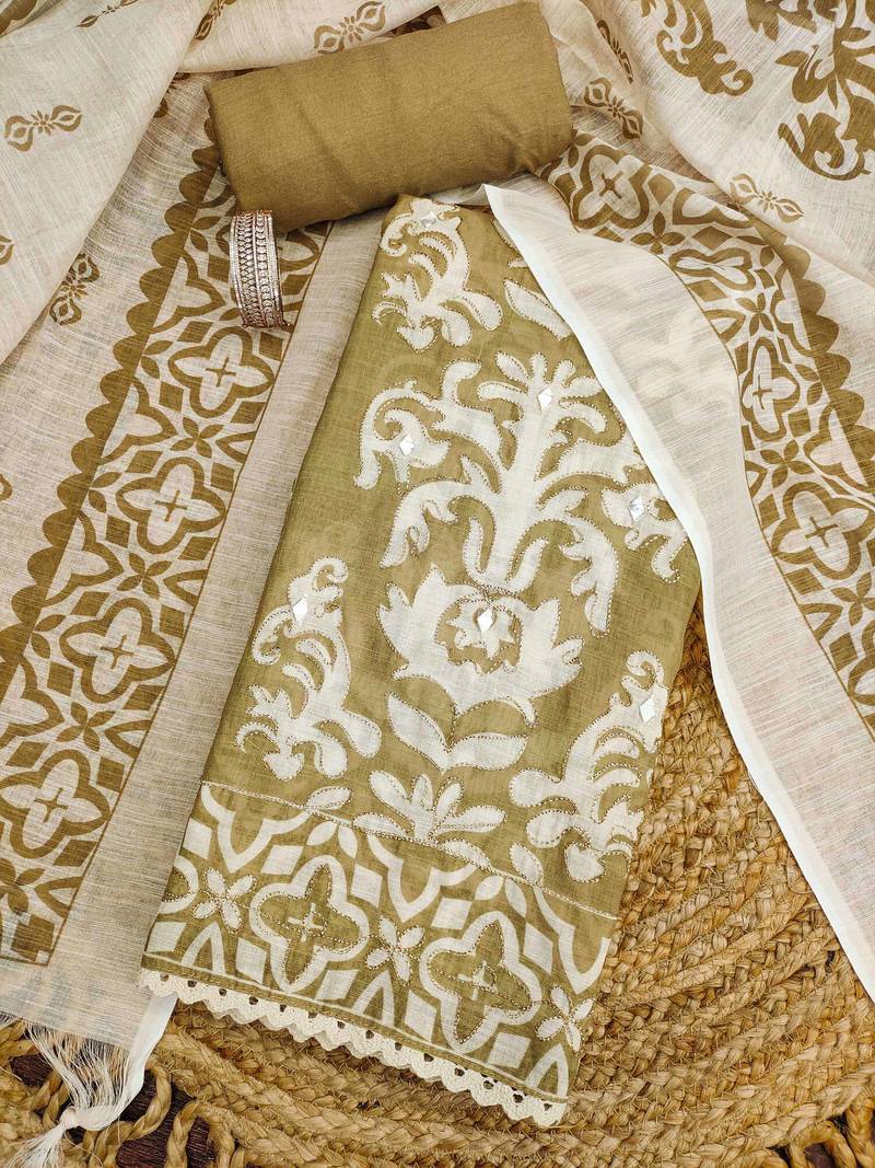 olive green applique linen cotton unstitched dress material 
