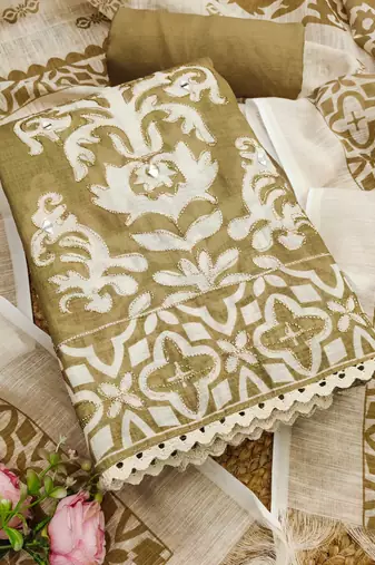 olive green applique linen cotton unstitched dress material 