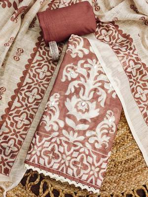 peach coral applique linen cotton unstitched dress material  1