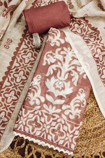 peach coral applique linen cotton unstitched dress material 