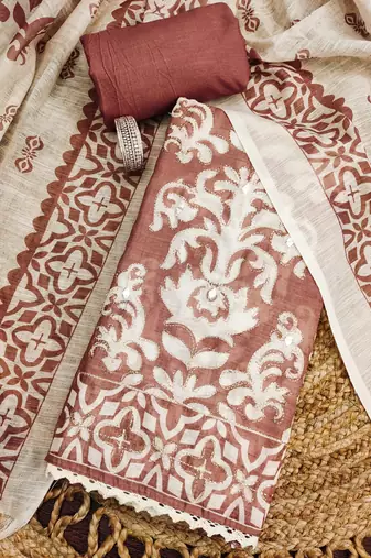 peach coral applique linen cotton unstitched dress material 
