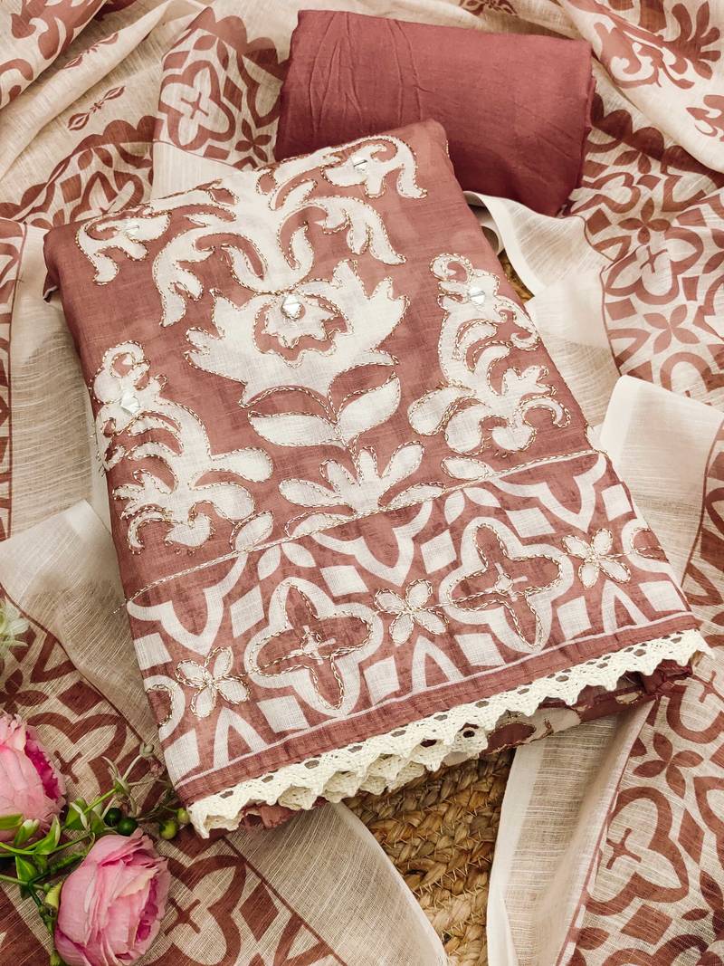 peach coral applique linen cotton unstitched dress material 