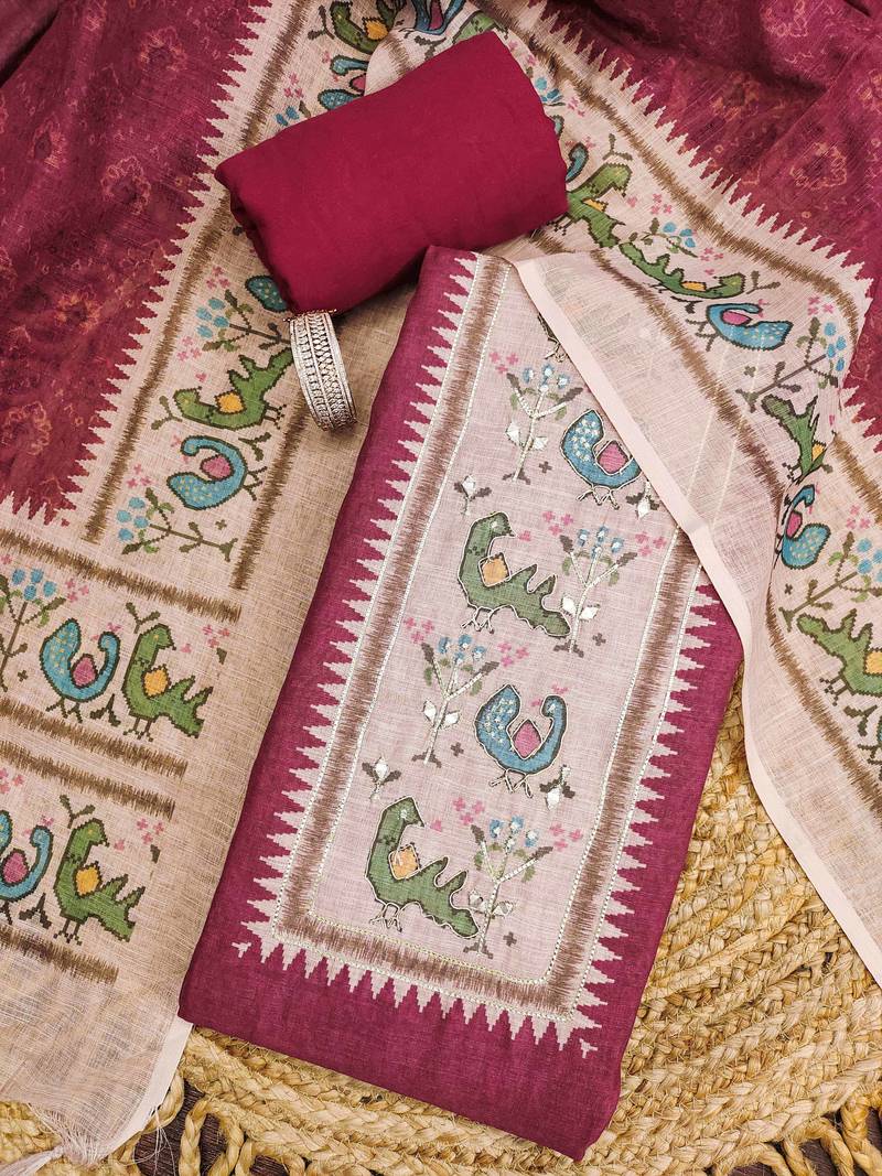 rani pink digital print linen cotton unstitched dress material 