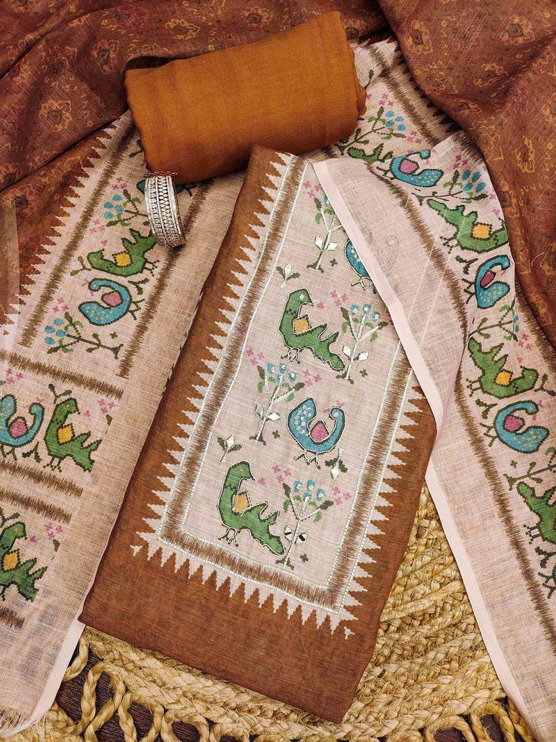 rust digital print linen cotton unstitched dress material 